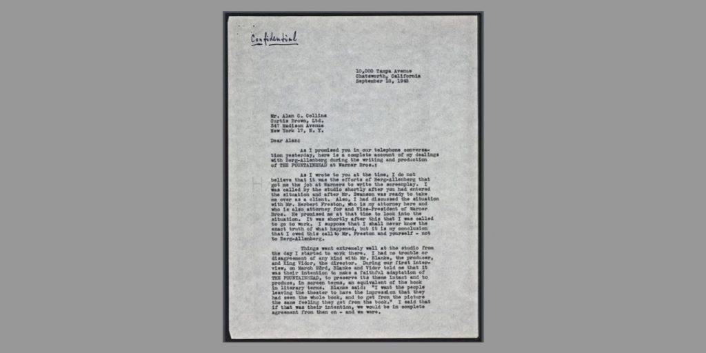 Front page of a typed letter by Ayn Rand