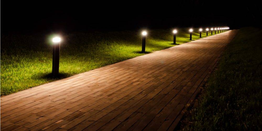 Lighted walkway at night