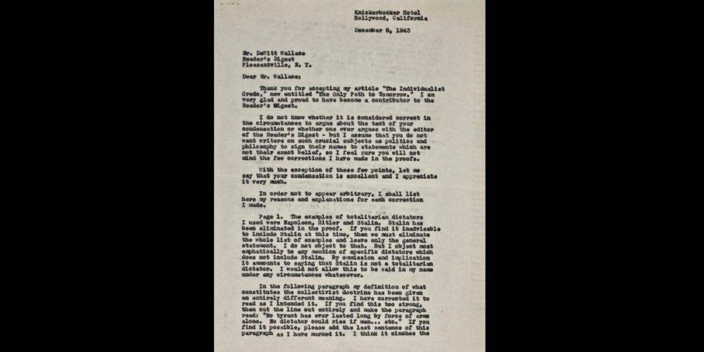 Ayn Rand to DeWitt Wallace letter